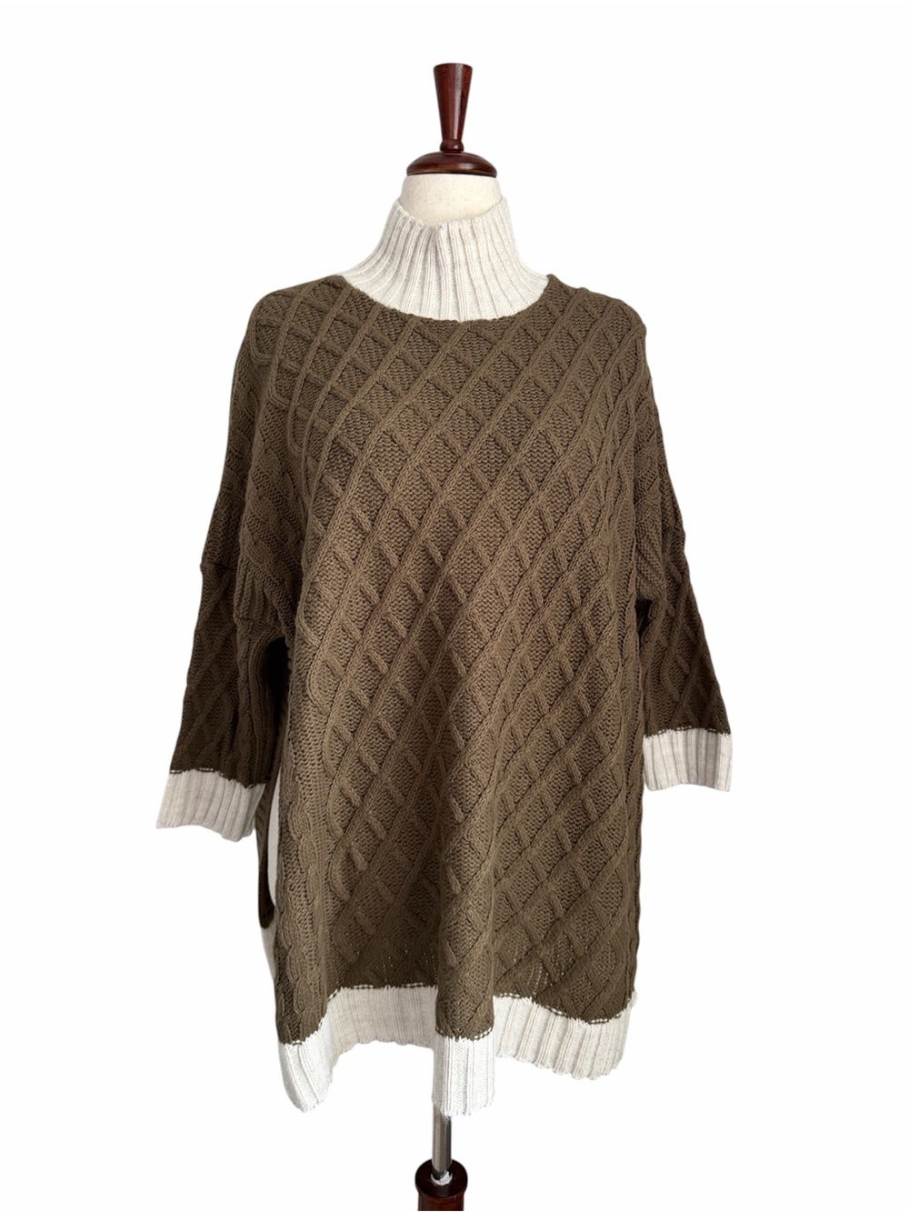 Mersea Cable Knit Sweater OS Brown Cream Colorblock Cozy Oversized